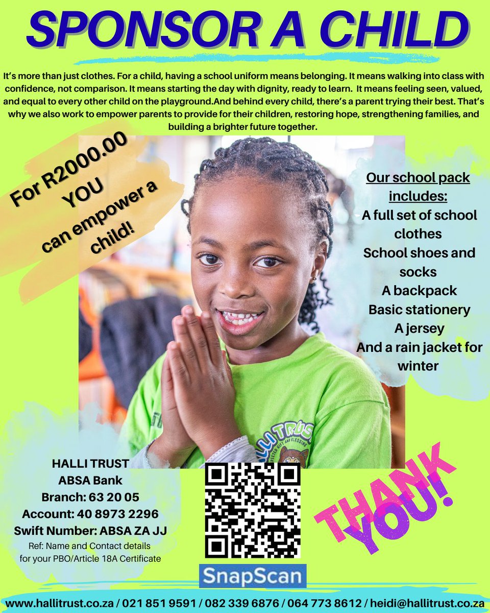 💚 Sponsor a Child 

Help change a child’s life today, your support brings hope and safety. 💚
#SponsorAChild #HalliTrust #GiveHope #MakeADifference