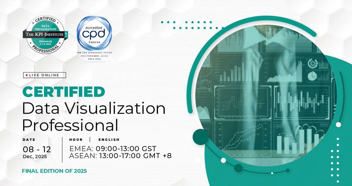 smartKPIs's tweet image. Ever present a chart and realize nobody gets it? Data viz is communication, NOT decoration.

The Certified Data Visualization Professional Live Online helps you master that.

▶️ Final English edition of the year. Get in now: bit.ly/4p04eqL