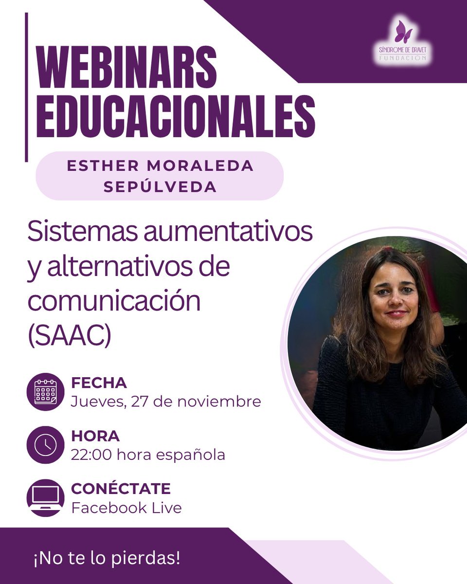 FundacionDravet's tweet photo. 📣 ¡Cuenta atrás para el webinar!
Este jueves 27 a las 22:00 (hora española),  Esther Moraleda (EITAL - UCM) nos hablará sobre los SAAC 🧠💬
💜 Claves para mejorar la comunicación en personas con #Dravet y otras patologías neurológicas.
📲 En Facebook Live. ¡No te lo pierdas! https://t.co/yfptg9605G