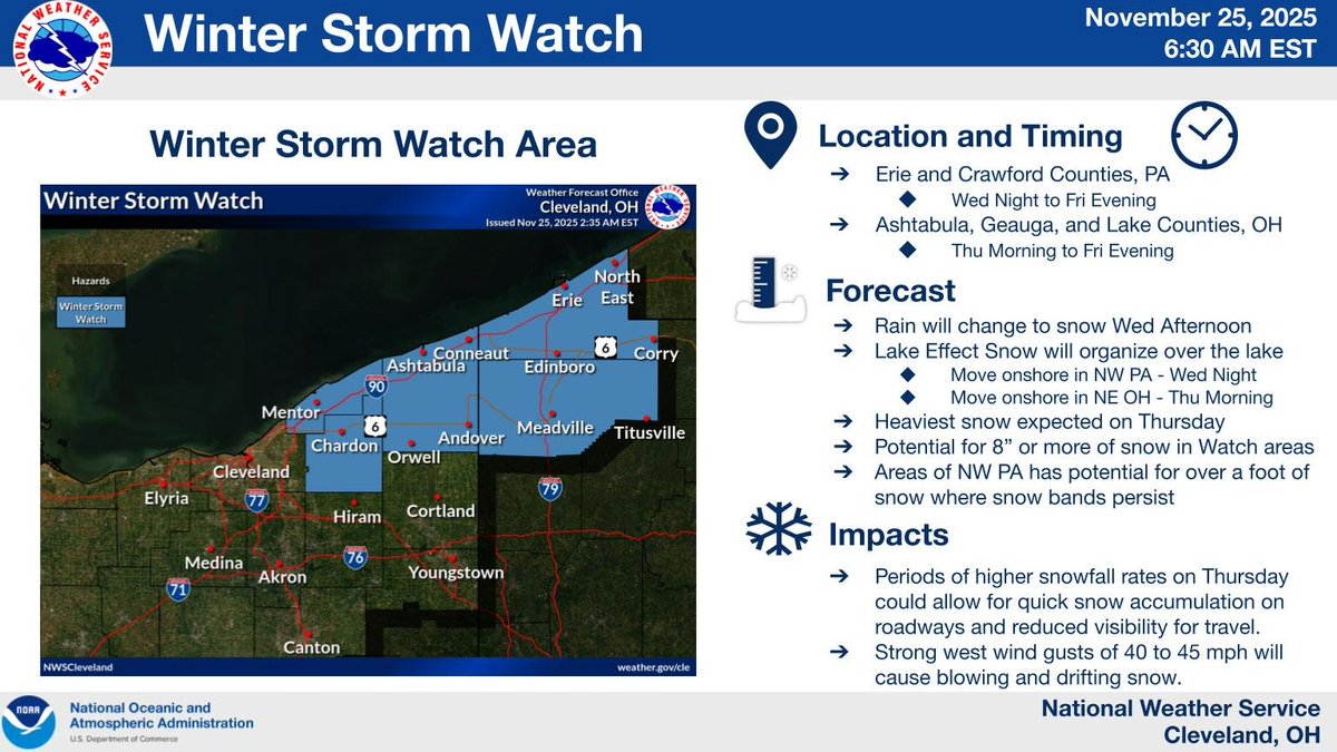 NWSCLE's tweet image. The Winter Storm Watch has been expanded to include Ashtabula, Geauga, and Lake Counties in Ohio for Thursday and Friday. Erie and Crawford Counties in PA remain in the Watch. There is potential for 8&quot; or more of snow in the watch areas by Friday evening.