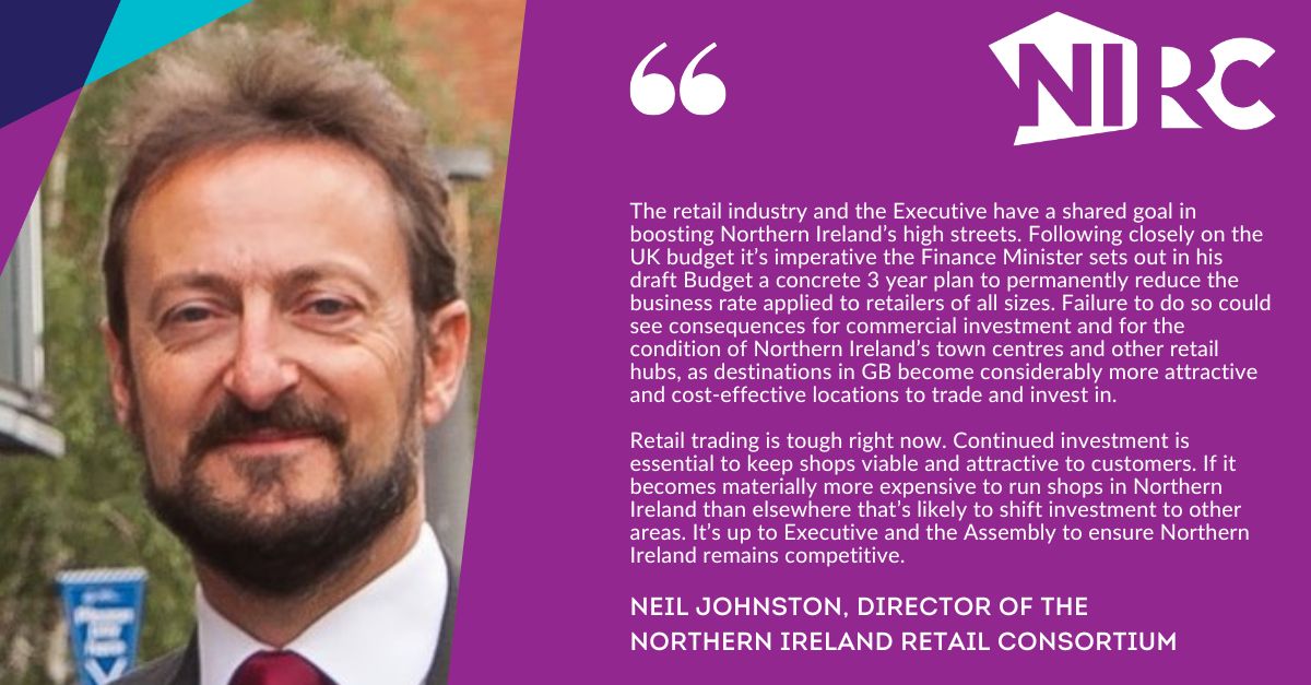 the_brc's tweet image. 🚨 NIRC warns NI high streets risk falling behind as England &amp;amp; Wales move ahead with permanent business rates cuts for shops from April 2026.

Director Neil Johnston urges the Executive to deliver a 3-year plan to permanently cut rates, keeping NI competitive. 🛍️🏬