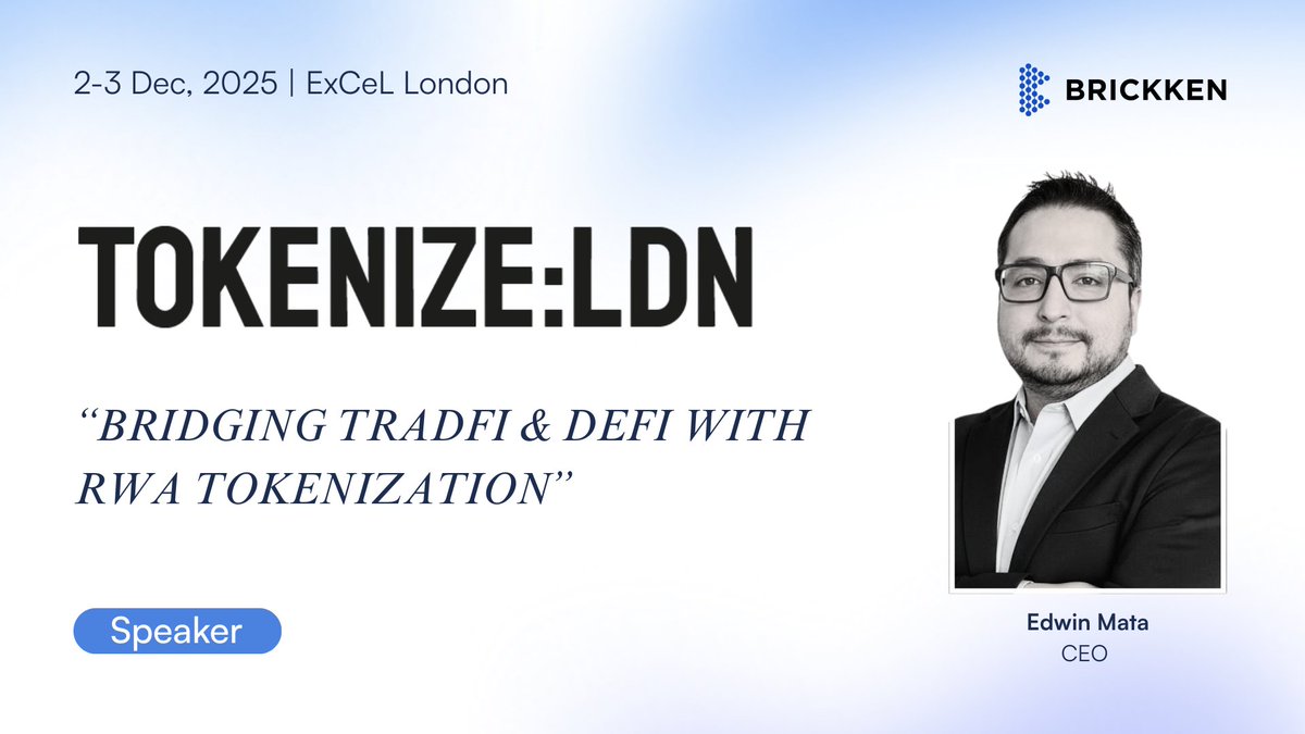 Brickken's tweet image. Official Sponsors at Tokenize: LDN 2025

Join our CEO, @EdwMata , as he takes the stage to deliver a keynote on how tokenization is reshaping the future of finance and the RWA landscape.

📆 Save the Date: 2–3 December | ExCeL London

@Tokenize_LDN