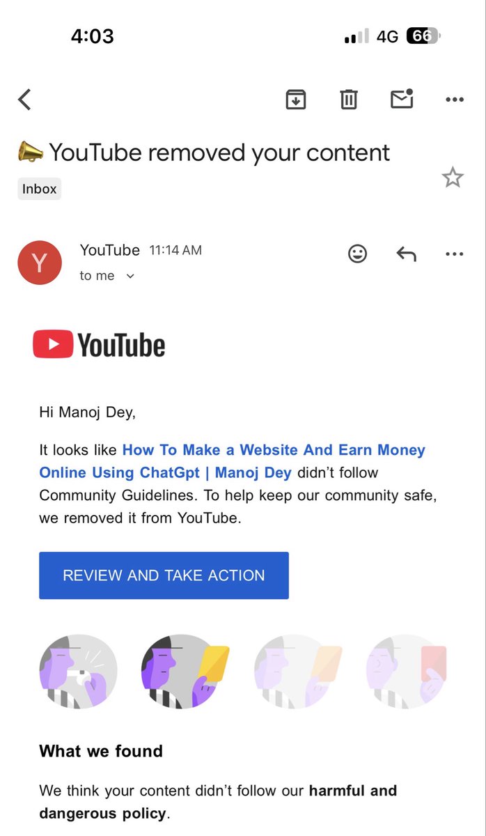 <a href="/TeamYouTube/">TeamYouTube</a> my educational video How to make a website and earn money was removed and I received a strike for harmful content. There was no encouragement of unsafe behavior. Please recheck and help restore it. Looking forward to your support.”
Video link -