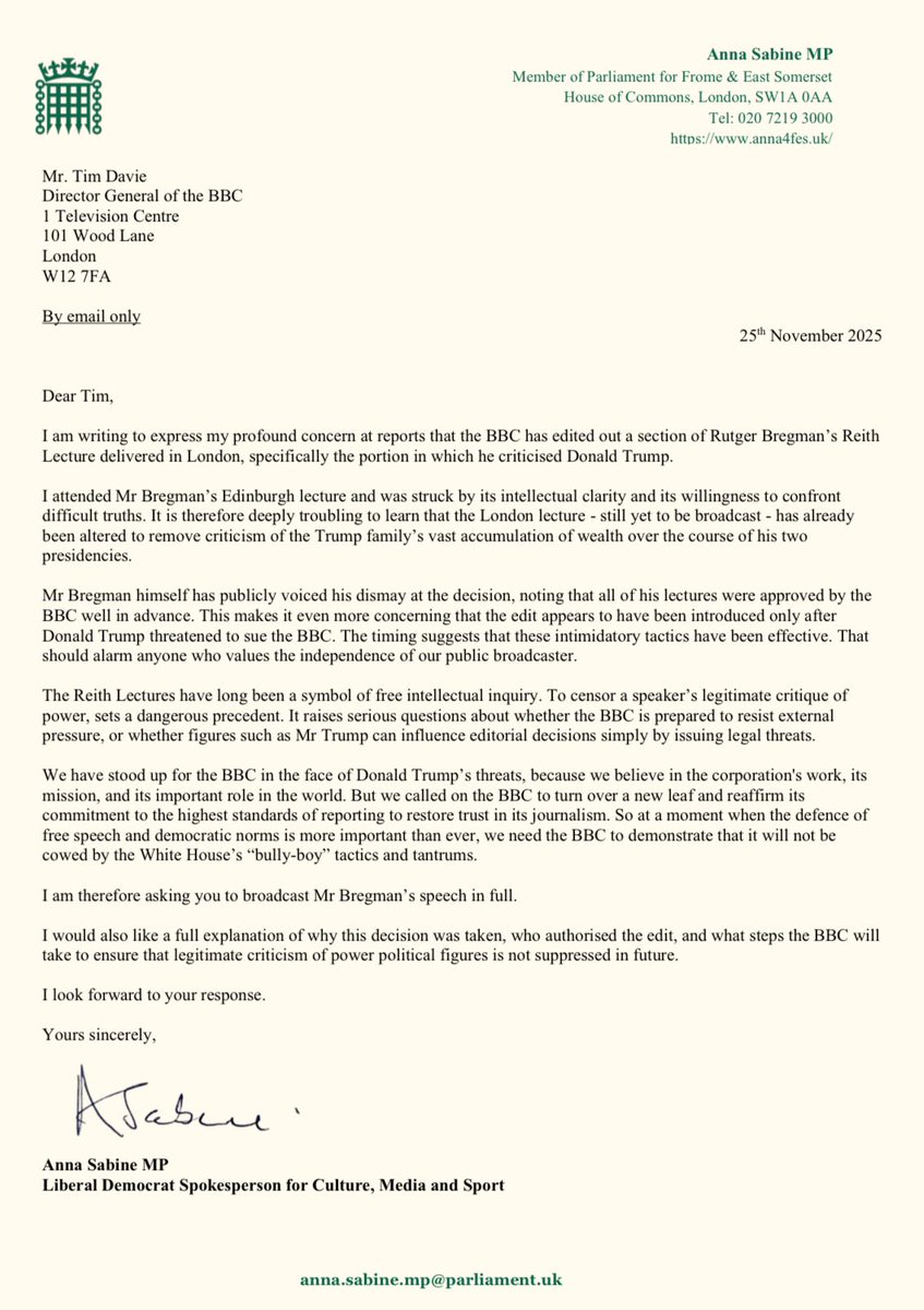 Editing out legitimate criticism of powerful figures undermines the Reith Lectures’ purpose. The <a href="/BBC/">BBC</a> should broadcast Bregman’s lecture unedited and explain why this decision was taken. <a href="/LibDems/">Liberal Democrats</a>