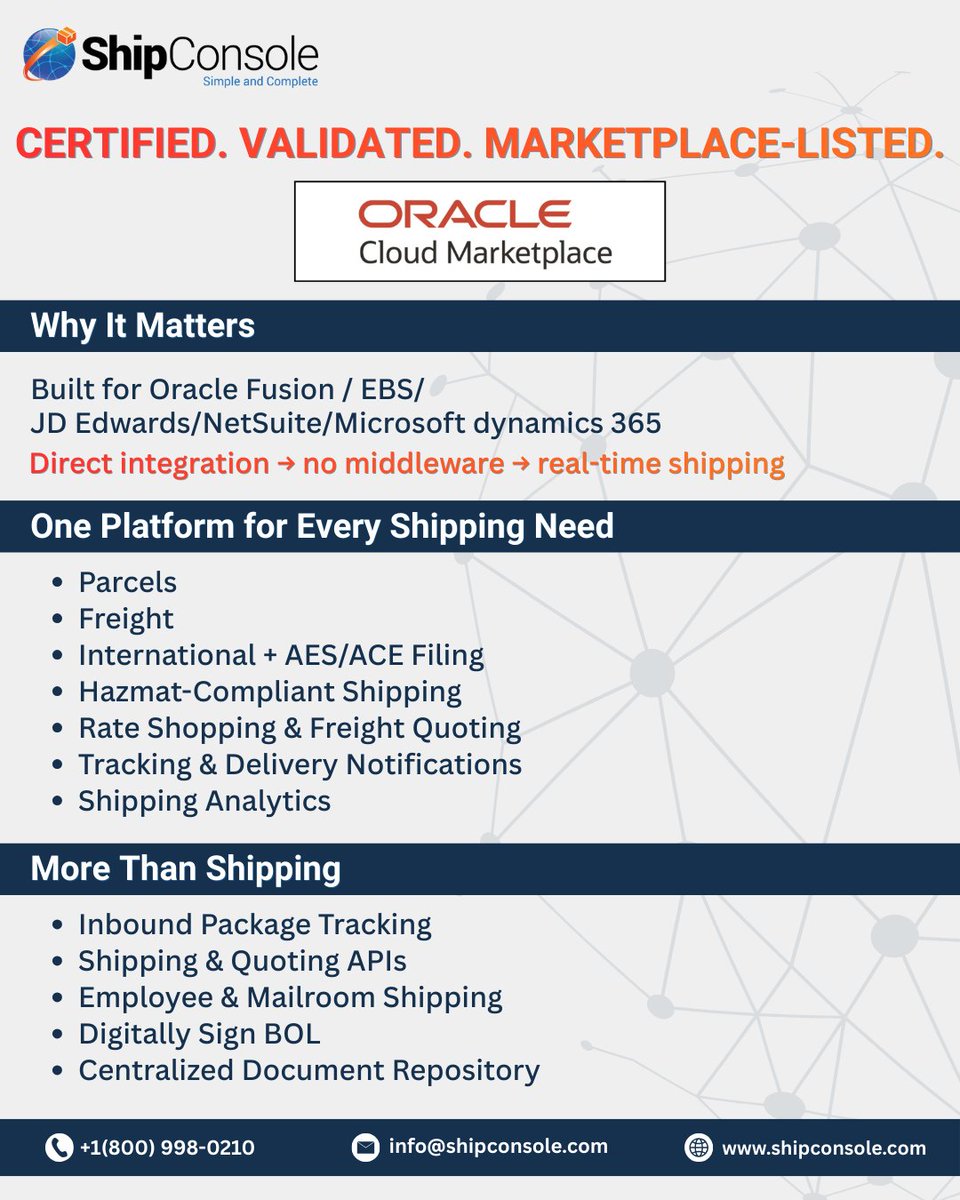 shipconsole's tweet image. 🚀 Meet ShipConsole - Oracle‑ready shipping for Fusion, EBS, JD Edwards, NetSuite &amp;amp; Dynamics 365

✅ Direct integration (no middleware)
✅ Real‑time shipping &amp;amp; tracking

Smarter. Faster. Connected

👉Learn more: tinyurl.com/45vsbvzp
#ShippingSoftware #OracleCloud #ShipConsole