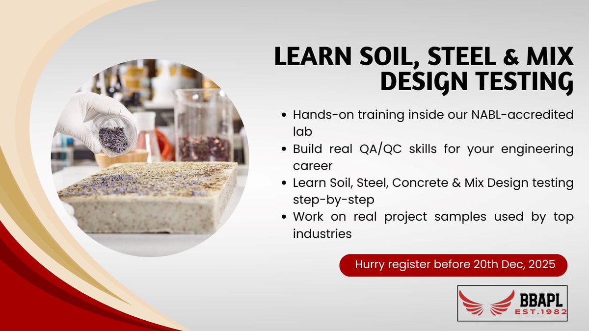 BBAPL_'s tweet image. Work inside our NABL-accredited material testing lab and build strong QA/QC skills.
Start your engineering journey with BBAPL.
Apply today: shorturl.at/gb1yM #BBAPL #Internship2025 #EngineeringInternship #Gwalior