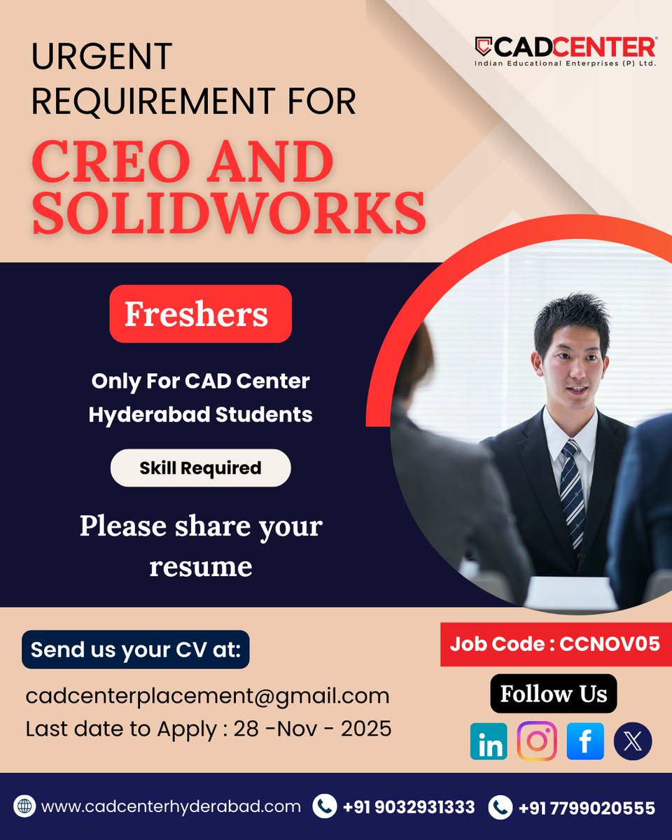 cadcenterhyd's tweet image. 🚀 A leading company is hiring

Not just an opening—this is your moment to step into the industry with real-world design excellence.

#SolidWorks #DesignEngineering #FresherOpportunity #IndustryHiring #MechanicalJobs #CareerLaunch2025 #HyderabadJobs #Engineering #NowHiring