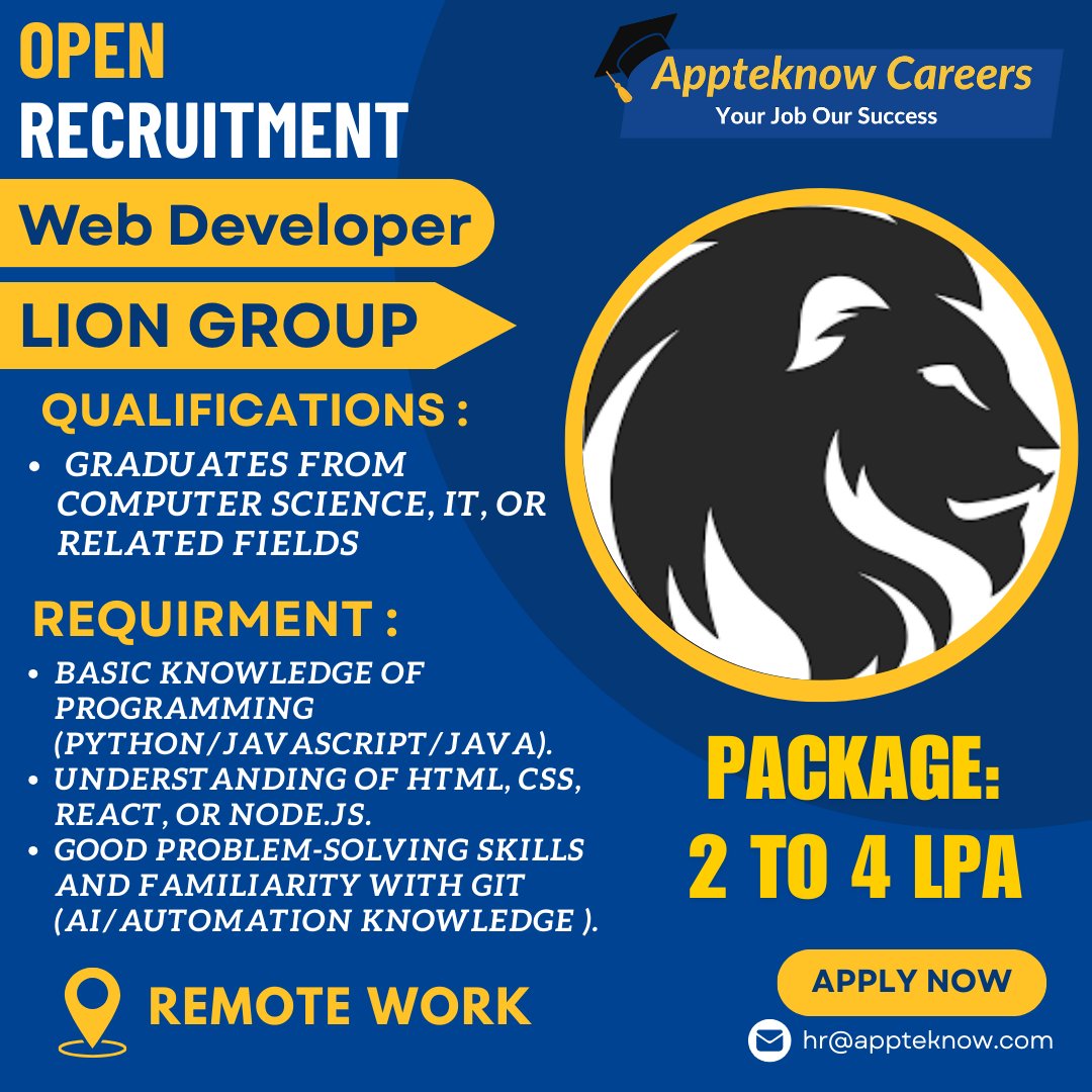CoursesAptech's tweet image. Code the future—your way! 🌐🚀
Lion Group is hiring remote Web Developers.
If you’re a tech graduate with Python, JavaScript, HTML, React, or Node.js, let’s build smart solutions together.
Apply now: hr@appteknow.com 📩
#LionGroup #WebDeveloper #RemoteWork #NextGenTech