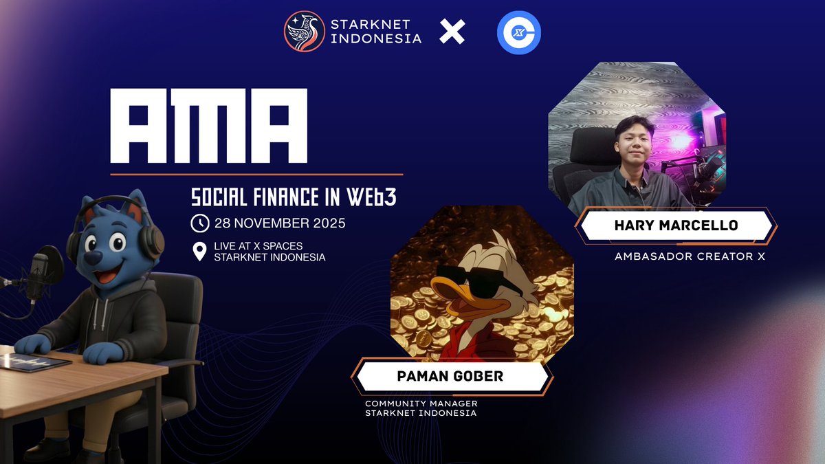 StarkNetID's tweet image. AMA Bareng Starknet Indonesia!

Kali ini Starknet Indonesia bersama Creator X bakal ngobrol santai soal: “Social Finance in Web3”

✨ Pembicara:
@ox_hary - Ambasador Creator X (Narasumber)
Paman Gober – Community Manager Starknet Indonesia (Host)

📅 Tanggal: 28 November 2025
🕖…