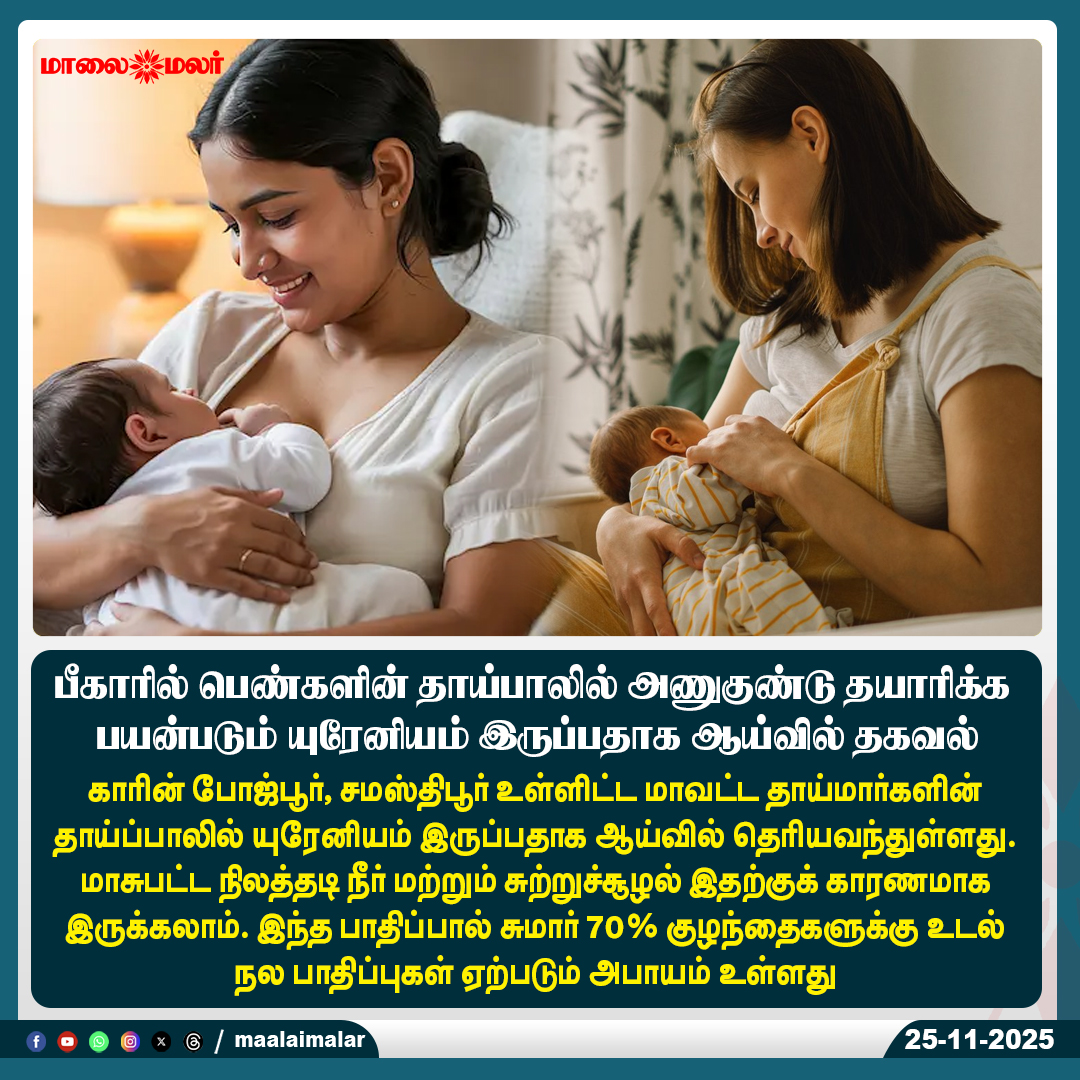 maalaimalar's tweet photo. பீகாரில் பெண்களின் தாய்பாலில் அணுகுண்டு தயாரிக்க பயன்படும் யுரேனியம் இருப்பதாக ஆய்வில் தகவல்

#UraniumContamination #BiharNews #BreastMilkContamination #EnvironmentalHazard #WaterPollution #HealthCrisis #ChildHealth #BiharStudy #ToxicPollution #BreakingNews #Maalaimalar #MaalaimalarNews