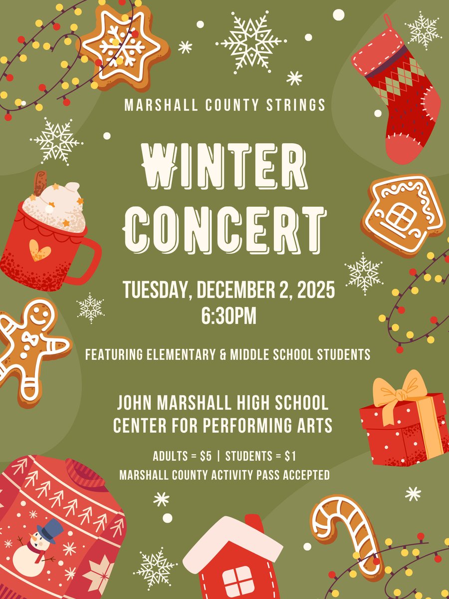 MCSWV's tweet image. The Marshall County Strings Program will present its elementary and middle school winter concert on Tuesday, December 2, 2025, at 6:30 pm, at the JMHS CPA. Sounds of the holidays will fill the stage with familiar pieces and unique arrangements of traditional carols.