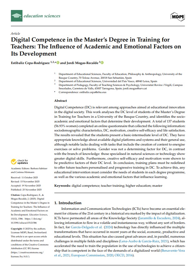 📕Tenim nou article del Jordi Mogas!

📢Cepa-Rodriguez, E., &amp; Mogas-Recalde, J. (2025). Digital Competence in the Master’s Degree in Training for Teachers: The Influence of Academic and Emotional Factors on Its Development. Education Sciences, 15(12).

🔗mdpi.com/2227-7102/15/1…