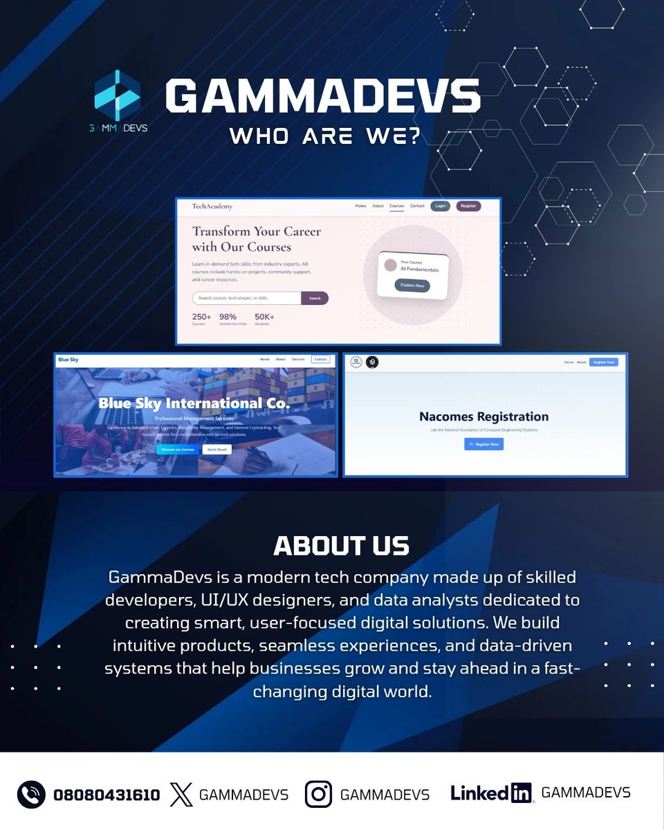 GammaDevs's tweet image. We’re GammaDevs  a bold team of developers, designers and creative thinkers crafting modern, high-performing digital experiences.Built on curiosity, collaboration, expressive design and clean code.Our story’s just getting started. #GammaDevs #WebDev #AppDev #WeAreHere