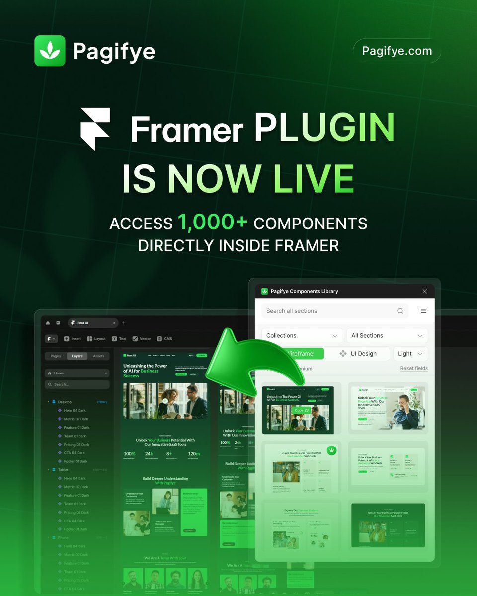 pagifye's tweet image. The wait is over.

Pagifye’s Framer Plugin is officially live, giving you instant access to 1,000+ components directly inside Framer.

Design faster. Build smarter. Create without limits.

#Pagifye #framerplugin #FramerDesign #uidesign #NoCodeTools #designlibrary #figmatoframer