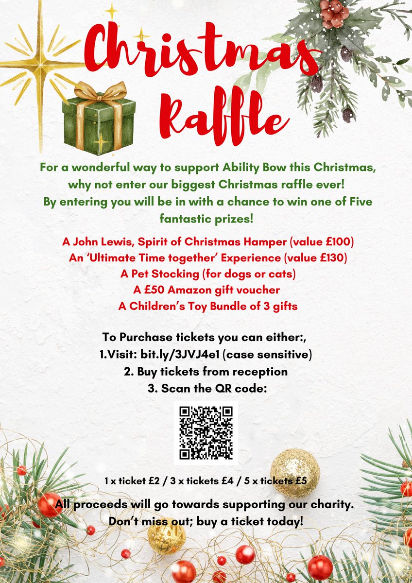 abilitybow's tweet image. For a great way to support Ability Bow this Christmas, enter our Christmas Raffle. We have 5 wonderful prizes  up for grabs! Enter today for a chance to win! (Raffle closes December 14th).🎉🎁