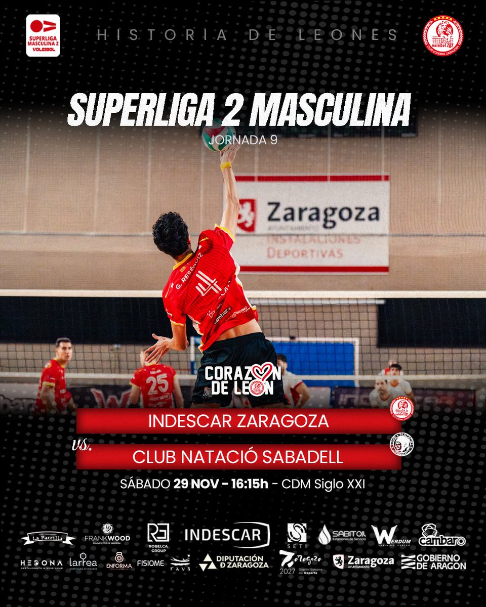 🏐JORNADA 9 SUPERLIGA 2 MASCULINA   🏐 
<a href="/AIndescar/">Indescar S.A.U.</a> <a href="/ClubVoleibolZGZ/">Club Voleibol Zaragoza</a> 🆚 <a href="/CNSvolei/">CNS vòlei</a> 

📅 Sábado 29 de Noviembre
🕖 16,15 horas  
🏟️ CDM Siglo XXI  (Pista A)
🎫 Entrada Gratuita
🛜 Streaming en Directo en el Canal de Youtube del CLub Voleibol Zaragoza

¡Te esperamos!