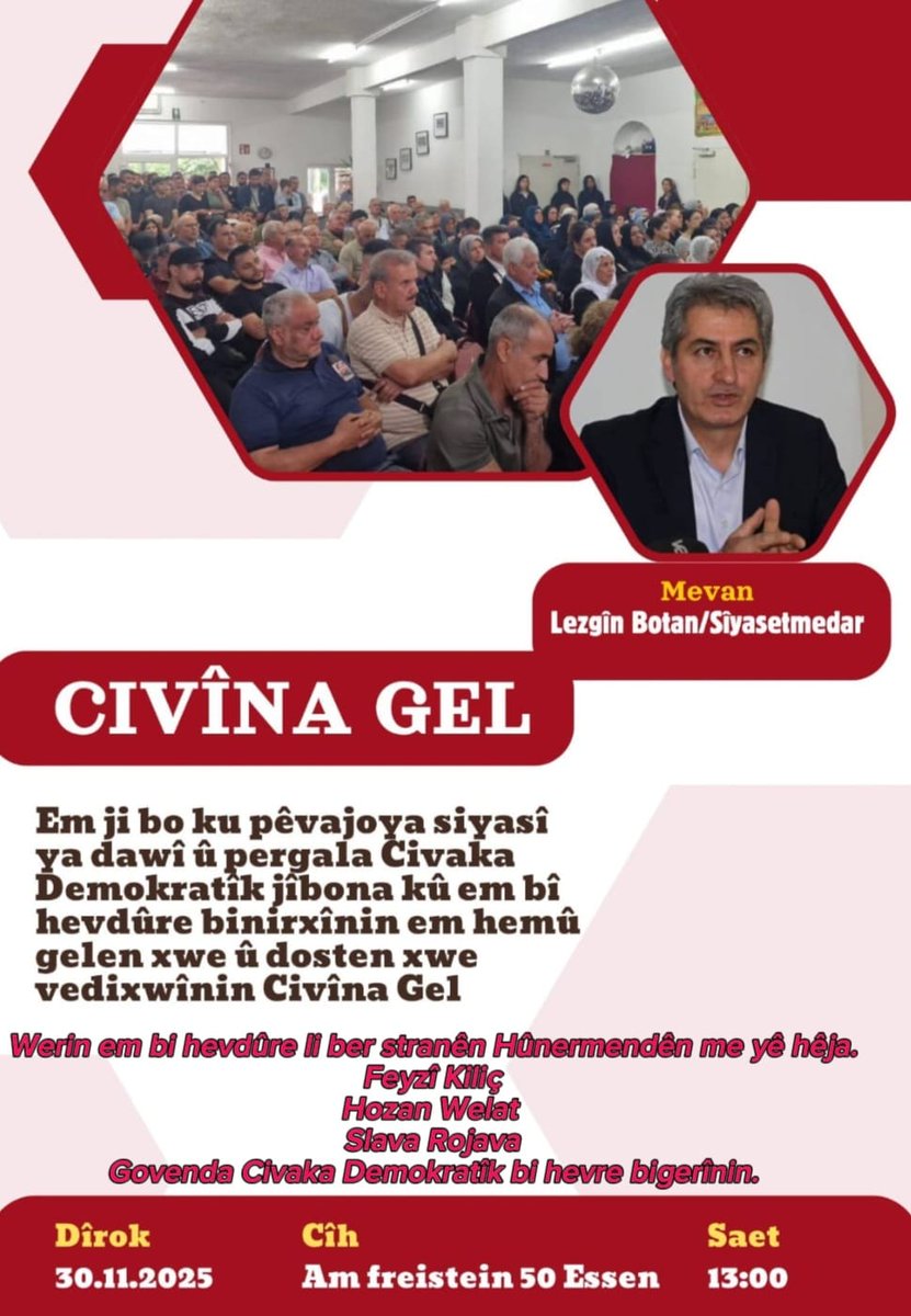 Werin em bi hevdtre li ber stranền Hinermendân me, yề heja. Feyzf Kiliç Hozan Welat Slava Rojava Govenda Civaka Demokratik bi hevre bigerinin.