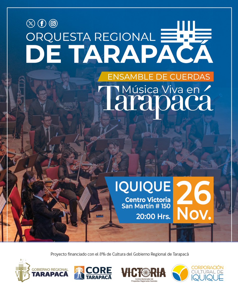 🎻Miércoles 19.30 h.
Concierto en Centro Victoria, San Martín 150 #Iquique.
Todos invitados. 
<a href="/Gore_Tarapaca/">Gobierno Regional Tarapacá</a> <a href="/CoredeTarapaca/">CORE Tarapaca</a> @CorporacionTar 
<a href="/CulturaIquique/">Cultura Iquique</a> <a href="/elsoldeiquique/">elsoldeiquique</a> <a href="/ElLongino/">Diario El Longino</a> <a href="/HombredeNoticia/">Rodrigo Varas López (cuenta profesional)</a> <a href="/TeatroIquique/">Teatro Municipal de Iquique</a> <a href="/Artenorte/">Arte Norte</a>