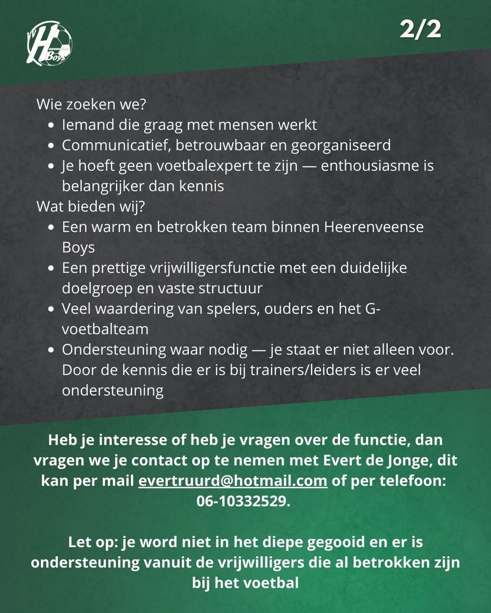 Vrijwilliger gezocht: (ondersteunend) Coördinator G-Voetbal – Heerenveense Boys