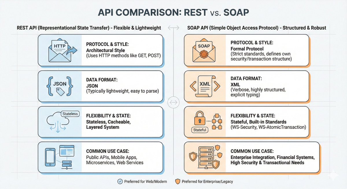 mr_vishwadeep's tweet image. REST API vs SOAP API:

✔ REST
• Fast &amp;amp; lightweight
• Uses JSON
• Easy to scale

🔒 SOAP
• Strict protocol
• XML only
• Strong security

➡ REST = flexible
➡ SOAP = reliable

#RESTAPI #SOAPAPI #API #Tech #WebDev #Coding #Developers