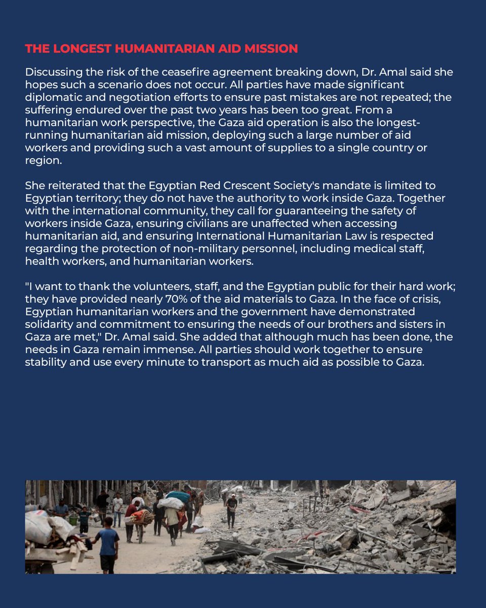 For two years, the <a href="/EG_Red_Crescent/">الهلال الأحمر المصري</a> has been coordinating a continuous humanitarian operation to support people in #Gaza through the Rafah crossing. In an interview with <a href="/DailyBeijing/">Beijing Daily</a>, ERCS CEO Dr. <a href="/amalemam/">Amal Emam</a> stressed that Gaza still depends on large volumes of aid every day, with