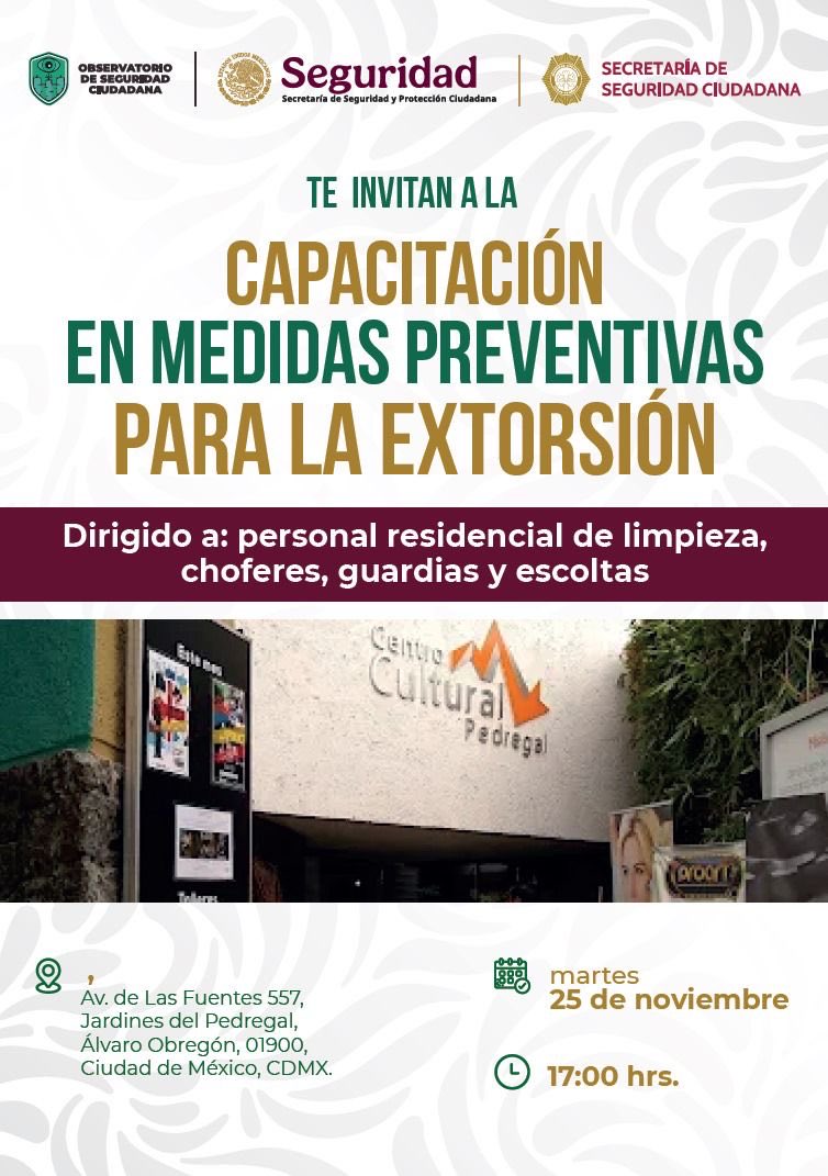 Gracias <a href="/SSC_CDMX/">SSC CDMX</a> , <a href="/SSPCMexico/">Secretaría de Seguridad y Protección Ciudadana</a> , <a href="/observseguridad/">Observatorio de Seguridad Ciudadana</a> por esta capacitación que se dará hoy en Jardines del Pedregal