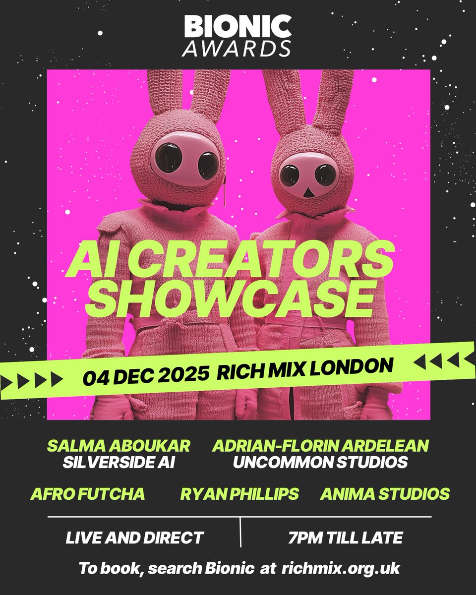 Join us for the AI Creators Showcase
Rich Mix, London
 4 Dec. 7pm till late.

Meet world-class creators. Stay for drinks. 

Line-up now includes speakers from Uncommon Studios and Silverside AI.

Book here:
richmix.org.uk/cinema/ai-crea…

<a href="/misslaidlaw/">Afro Futcha ( Diane )</a> <a href="/Uncanny_Harry/">Uncanny Harry AI</a> <a href="/animastudiosai/">Anima Studios</a>