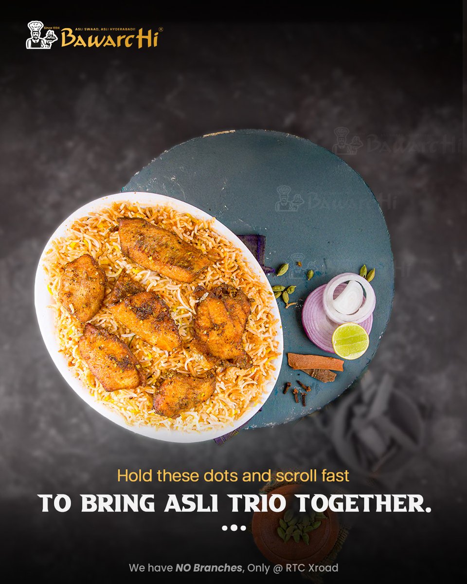BawarchiSince94's tweet photo. 🎯 READY?

Hold the dots… scroll super fast… and watch the Asli Trio come alive! 🔥
Because biryani + mirchi ka salan + raita = pure Hyderabad happiness! 🤤😍

#asliswaad #aslihyderabadi #biryanilove #bawarchi #FoodChallenge #ScrollMagic #FoodiesOfHyderabad  @PixelarMedia https://t.co/ug9Eh8H49w