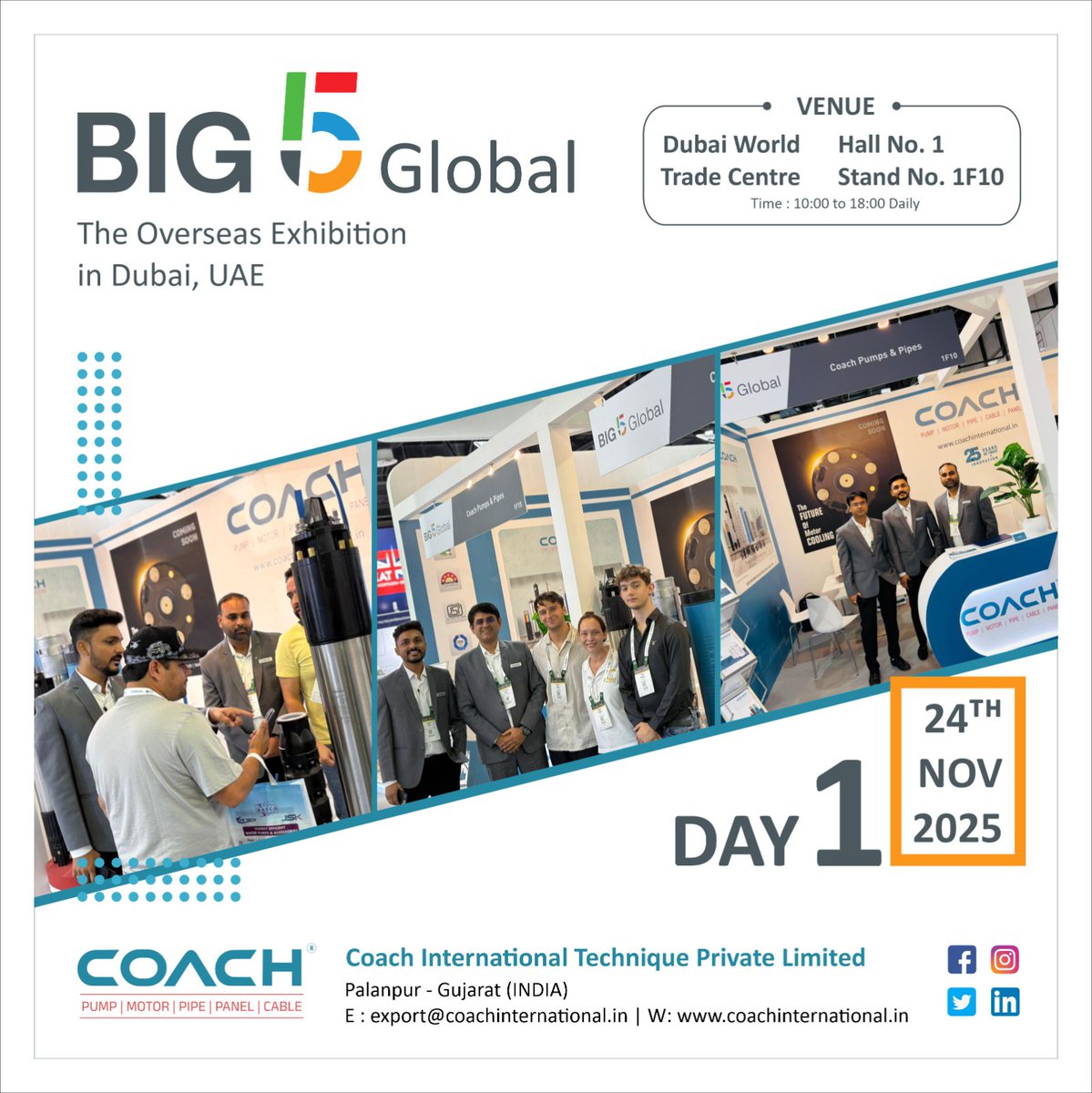 coach_intl's tweet photo. COACH at Big 5 Global – Day 1
Great conversations. Global exposure. Strong impressions.
Join us at Hall 1 | Stand 1F10.

#Big5Dubai #Big5Global #CoachInternational  #PumpingSolutions #MadeInIndia #WaterTechnology #GlobalExhibition #DubaiExpo #CoachPumps #CoachPipes #CoachCables https://t.co/Csbj9oRsSV