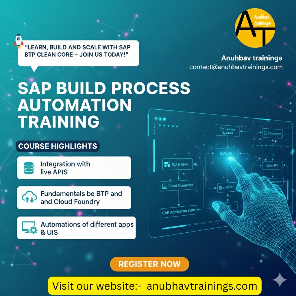 kajolja71716588's tweet image. Master SAP Build Process Automation! Complete practical training on SAP BTP Clean Core. Register Now and transform your career. 
🔗 anubhavtrainings.com 
Email: contact@anubhavtrainings.com
 #SAPBuild #BPA #Training