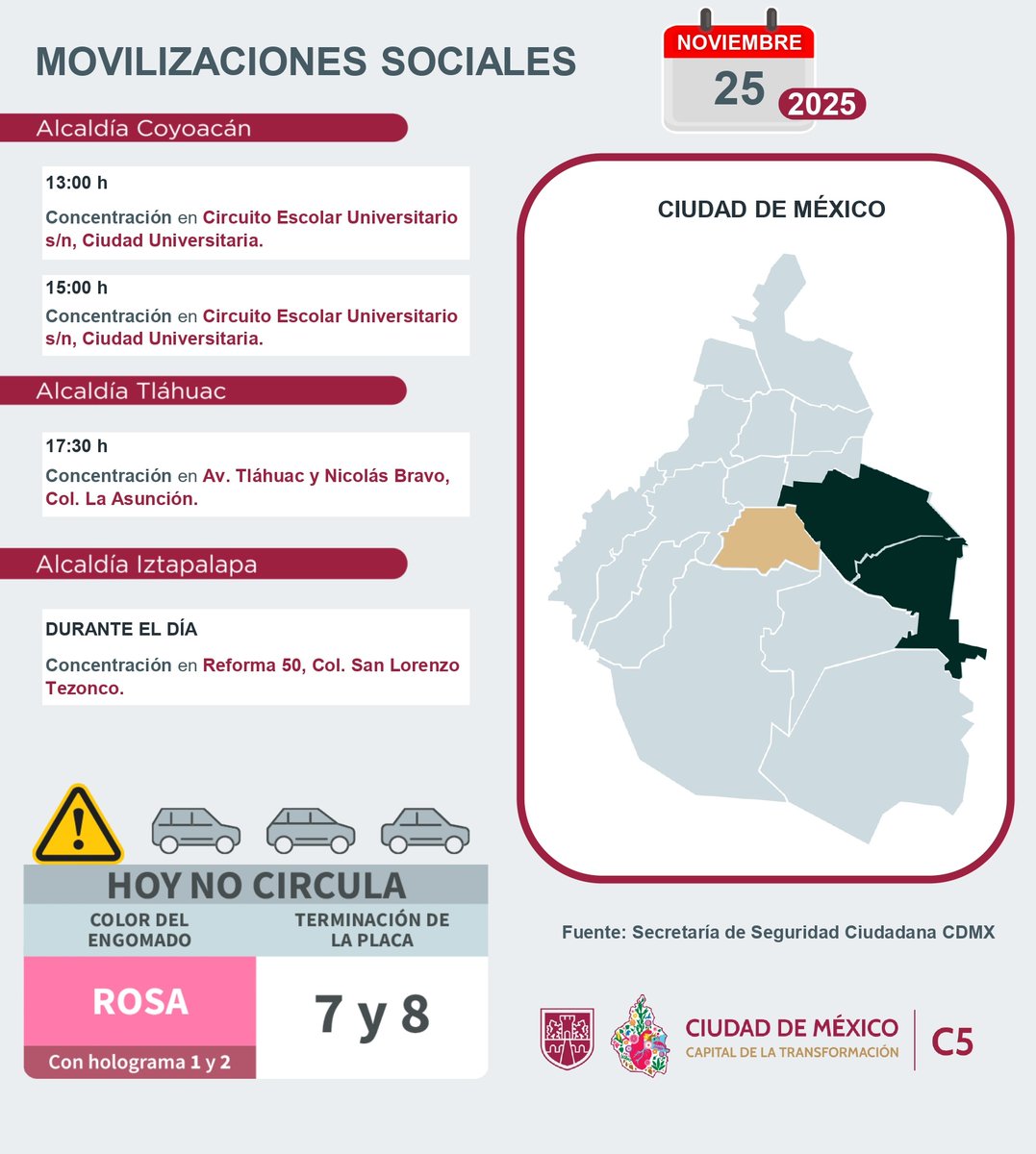 C5_CDMX's tweet photo. ⚠️🗓️ #ENTÉRATE | Para hoy, 25 de noviembre 2025, estas son las movilizaciones sociales previstas en la Ciudad de México.

#MovilidadCDMX #C5OjosDeLaCDMX 👀 #C5CorazónDeLaCDMX #OjosDeLaCiudad https://t.co/Tek3JJ1Z9r