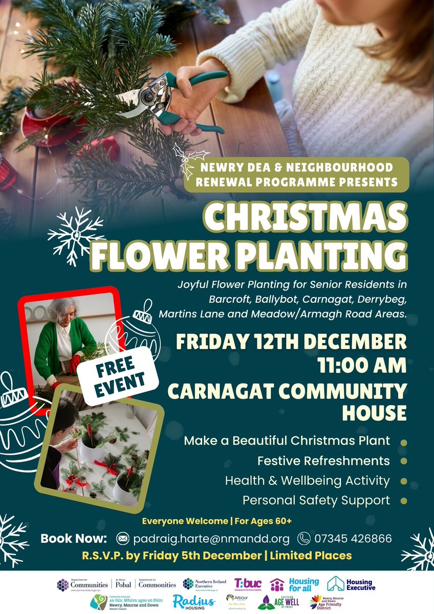 nmdcouncil's tweet image. 🎄🌼 Newry Christmas Flower Planting – Book Your Place 🌼🎄

Newry DEA is inviting residents aged 60+ to join us for a joyful Christmas Flower Planting event this December! Enjoy festive refreshments, create a beautiful Christmas plant, and hear some helpful personal safety…
