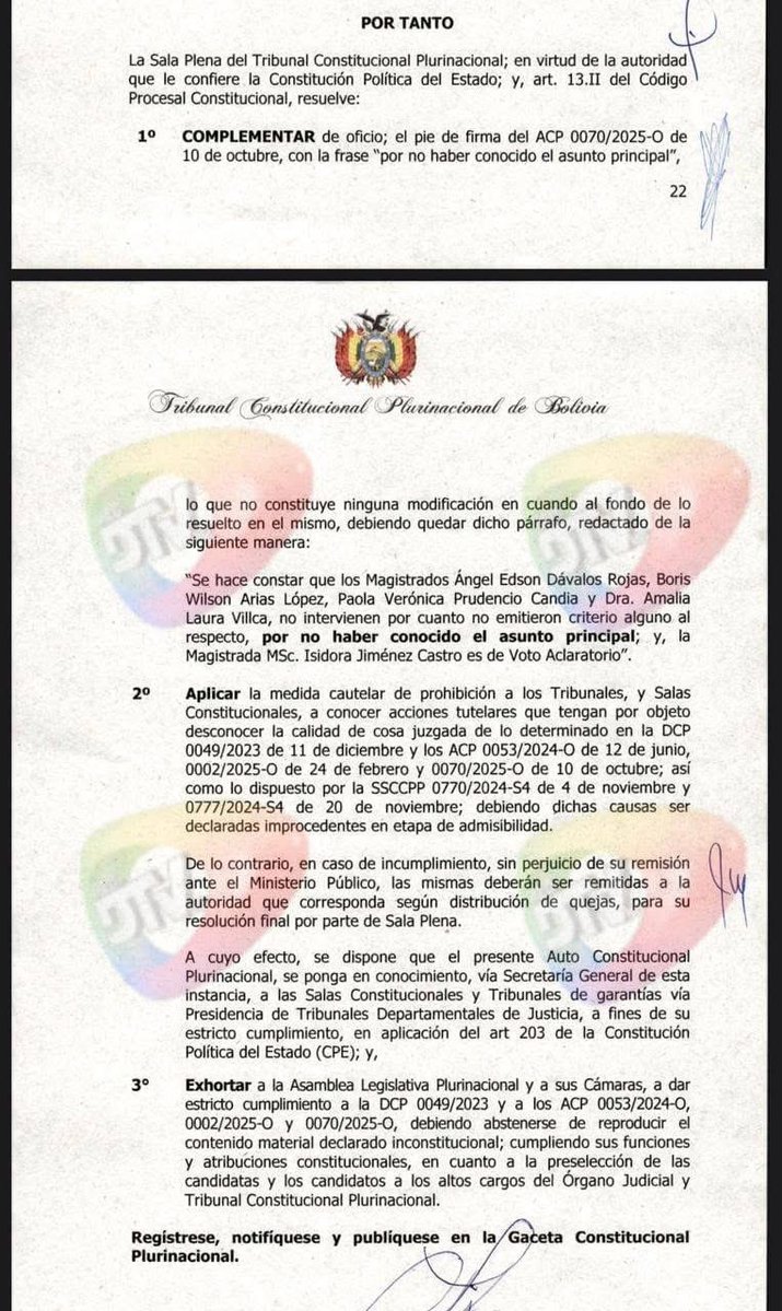 reddtvoficial's tweet image. Autoprorrogados de TCP emiten auto prohibiendo a salas constitucionales fallar en su contra

El Tribunal Constitucional Plurinacional (#TCP), cuyos cinco de sus #magistrados continúan en funciones pese a la conclusión de su mandato, aprobó un Auto Constitucional que prohíbe a las…
