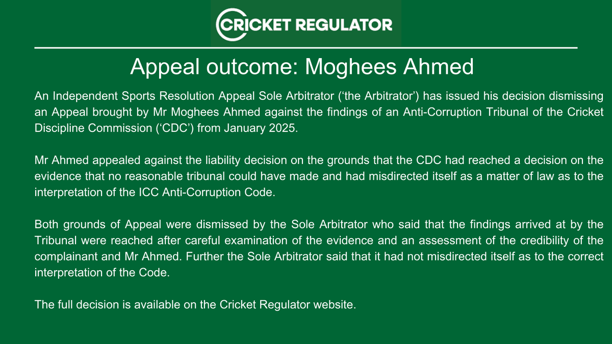 CricRegulator's tweet photo. Appeal outcome: Moghees Ahmed

➡️https://t.co/yXaNbMkkQD https://t.co/2FZff8cG4l