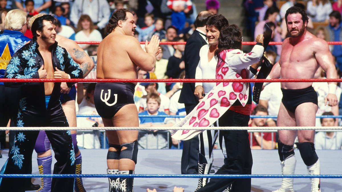 WWFWrestling1's tweet photo. 📸 Survivor Series snaps of the day! The first Survivor Series match from the inaugural event on Thanksgiving night, 1987. #WWF #WWE #Wrestling #BrutusBeefcake #JakeRoberts #JimDuggan #RandySavage #RickySteamboat #DannyDavis #HarleyRace #Hercules #HonkyTonkMan #RonBass https://t.co/vCU8fDTc38