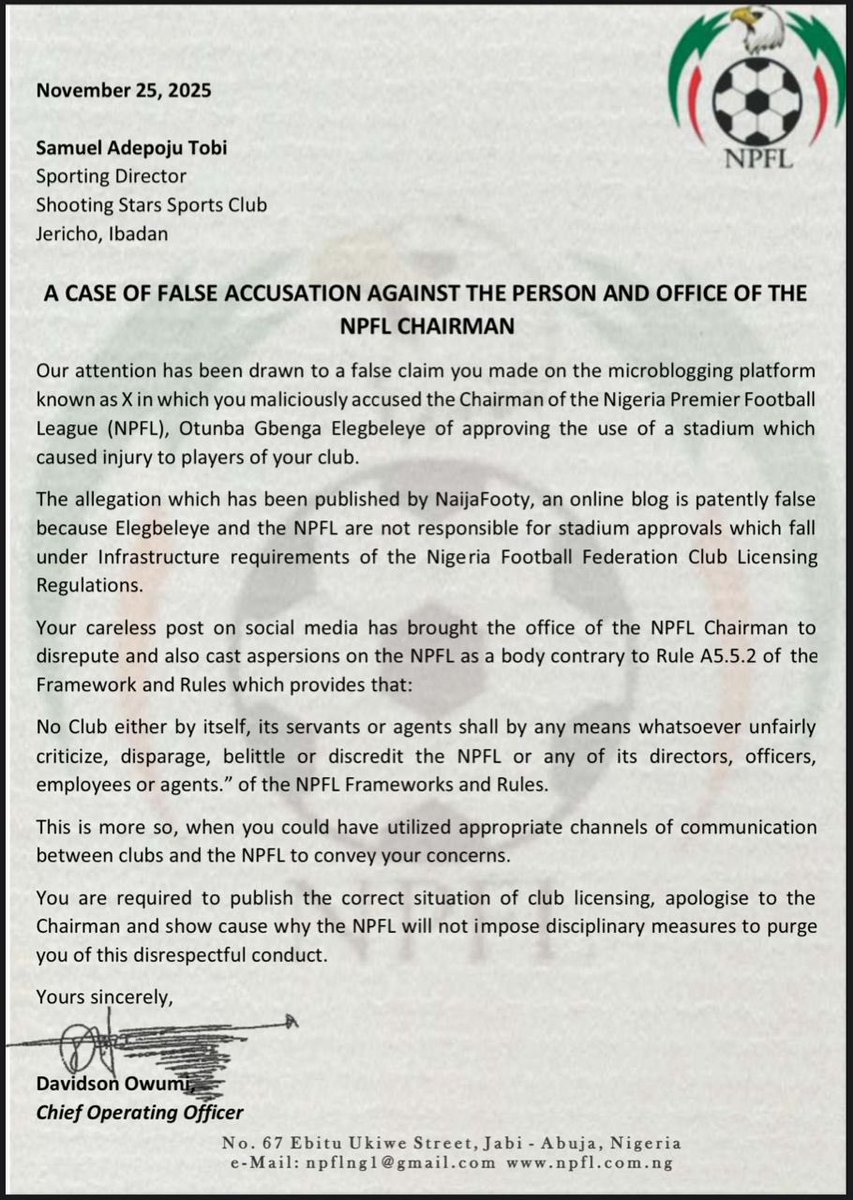 Mike_ThePundit's tweet image. 🚨The NPFL has ordered Shooting Stars Sporting Director, Tobi Adepoju to publish the correct situation of club licensing, apologise to the Chairman on what they regard as a “careless post on social media” over the pitches approved in Ilorin and Bauchi for league games.

#NPFL26