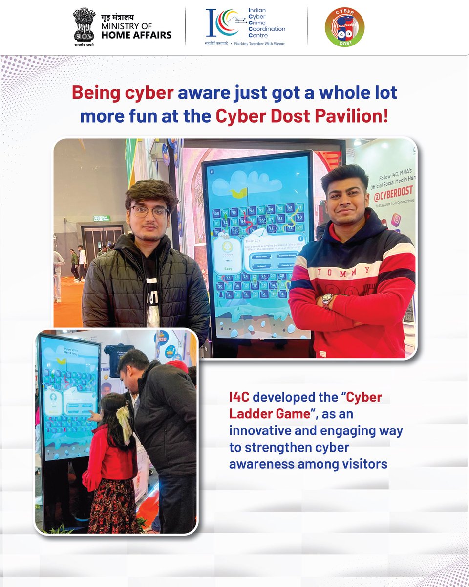 Cyberdost's tweet image. I4C developed the “Cyber Snake &amp;amp; Ladder game” showcased at IITF 2025 

Come &amp;amp; experience innovative activities and much more at the Cyber Dost Pavilion at IITF

📍 Hall H4-GF, Stall 4G-01-C, Bharat Mandapam, New Delhi
🗓️14–27 Nov
🕑10 AM–5 PM
📌 maps.app.goo.gl/u2z18HuTrhcBz6…

#I4C #MHA