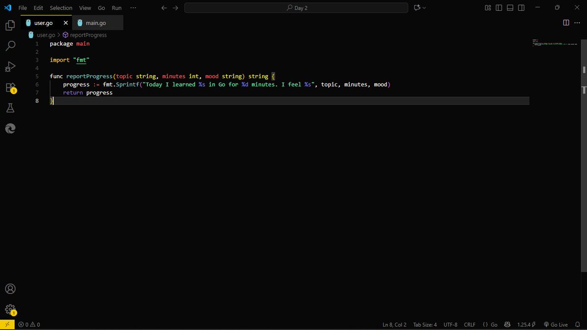 EbelikeEbitimi's tweet image. Day 2 of Learning #Golang! 🎉 Functions with parameters and returns working! Small win, big progress. On to interfaces next! Any tips? 👇
​#go #backenddevloper #100DaysOfCode