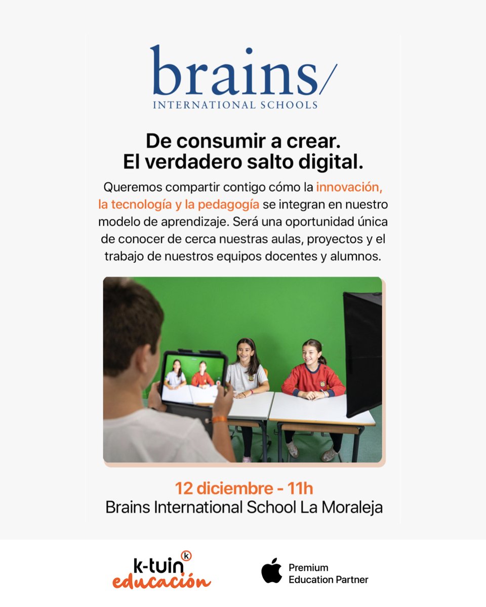 GoldenmacEDU's tweet image. 🚨📷 SAVE THE DATE!  12 diciembre en @Colegio_Brains

De consumir a crear. El verdadero salto digital.   

Descubre cómo la tecnología y la pedagogía se dan la mano. Un momento único para conocer el trabajo real en las aulas.  Apúntate ya 👉🏽 

mailchi.mp/k-tuin/brains_…