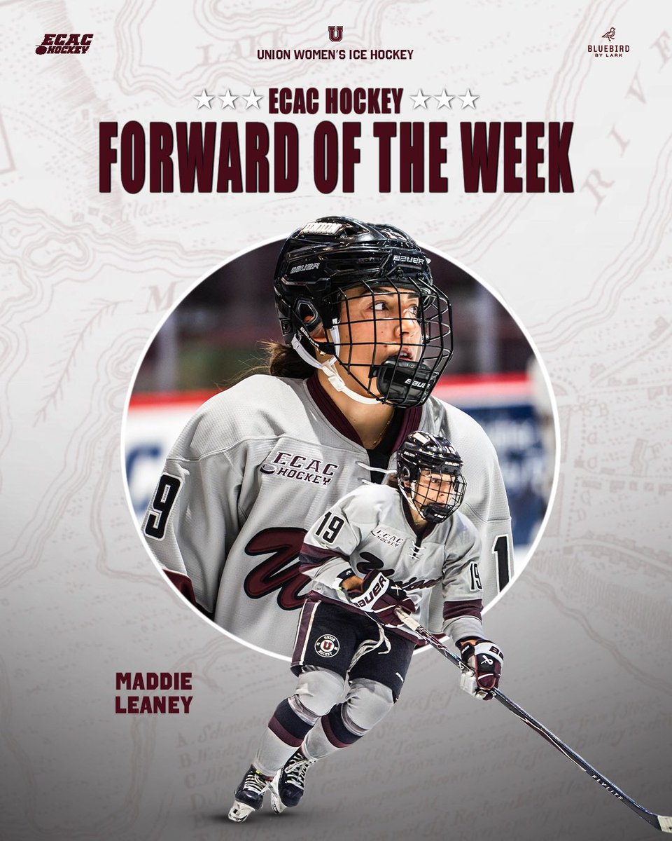 𝐄𝐂𝐀𝐂 𝐇𝐨𝐜𝐤𝐞𝐲 𝐅𝐨𝐫𝐰𝐚𝐫𝐝 𝐨𝐟 𝐭𝐡𝐞 𝐖𝐞𝐞𝐤 𝐱𝟐 𝐭𝐡𝐢𝐬 𝐦𝐨𝐧𝐭𝐡 𝐡𝐚𝐬 𝐚 𝐩𝐫𝐞𝐭𝐭𝐲 𝐧𝐢𝐜𝐞 𝐫𝐢𝐧𝐠 𝐭𝐨 𝐢𝐭! 🤩

Congratulations to Maddie Leaney who has been named ECAC Hockey Forward of the Week, presented by <a href="/bluebirdhotels/">Bluebird Hotels</a>!

Leaney tallied a hat