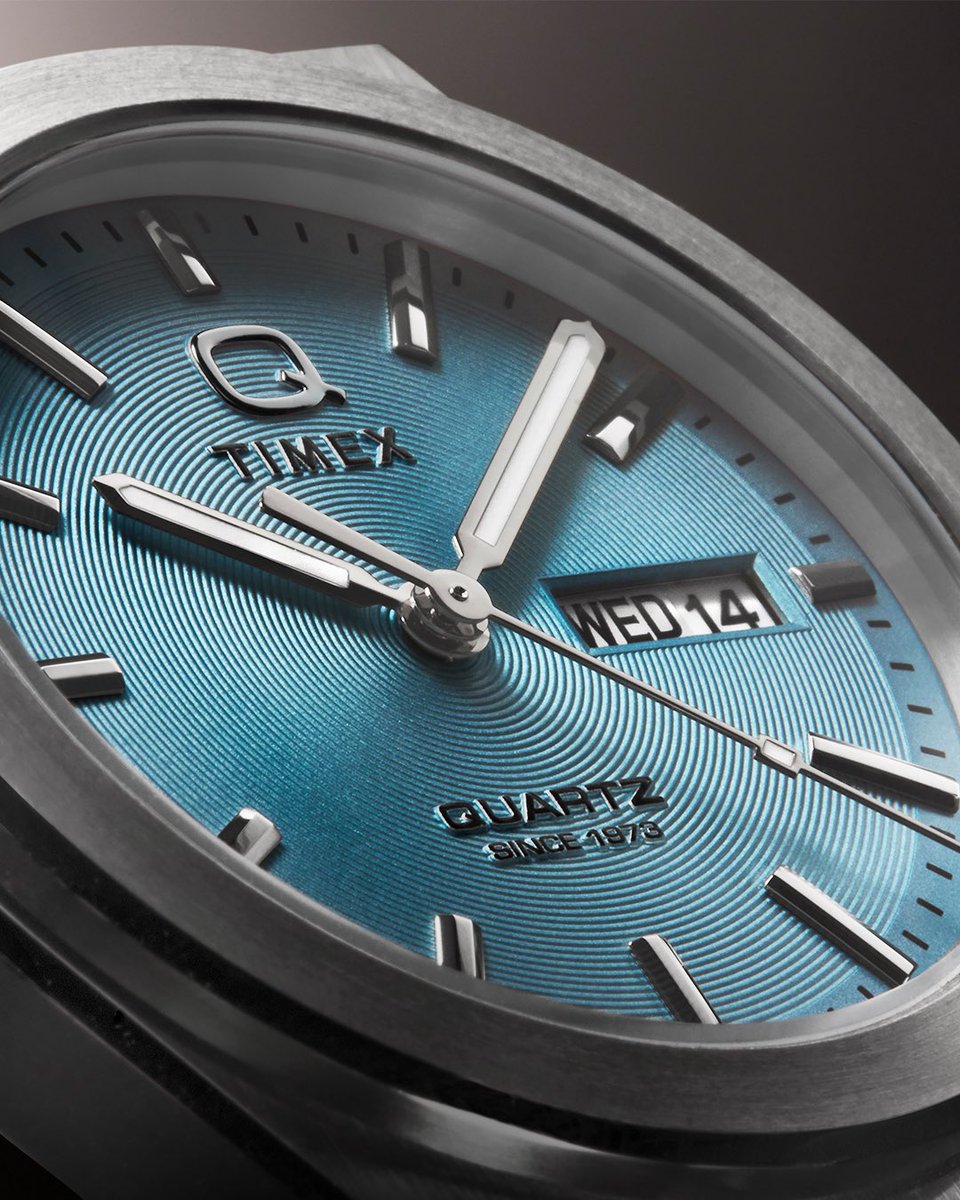 timex's tweet photo. Our Q Timex Continental brings a touch of vintage-style refinement to our Q Timex lineup, featuring a new day and date window at 3 o’clock paired with simple black, aquamarine, or green radial-textured dials.  Shop the collection at: https://t.co/C9VhSjc519  #timex #qtimex #newwatch #watchlovers #wristcheck #analoglife