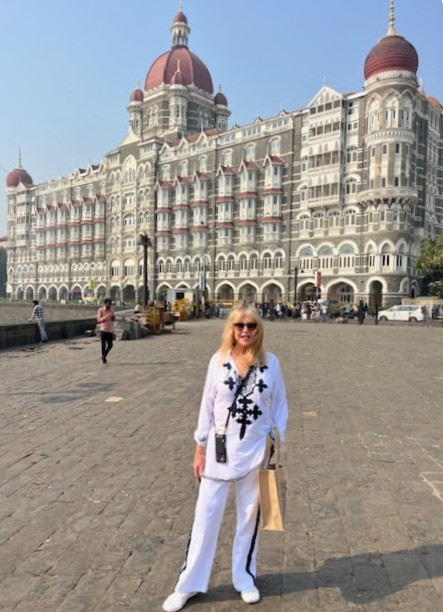 thepattieboyd's tweet image. Here I am (or is it Mrs Wells...?) outside The Taj Palace Hotel earlier this week. I was also there in September 1966 with George and Ravi Shankar. Ravi gave George lessons on the sitar and we studied yoga for a month.