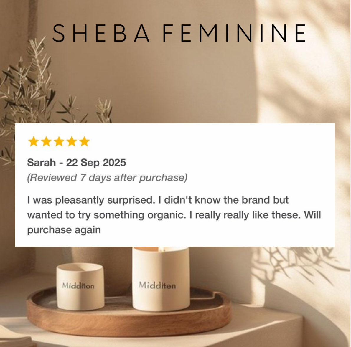 Welcome to Sheba Feminine. 💛

We love hearing honest reviews from real customers like this one from Takealot,

If you’re curious about making the switch to cleaner, gentler period care, this is your sign to try it for yourself.
One thing we can promise? No regrets.
#GirlsTalkZA