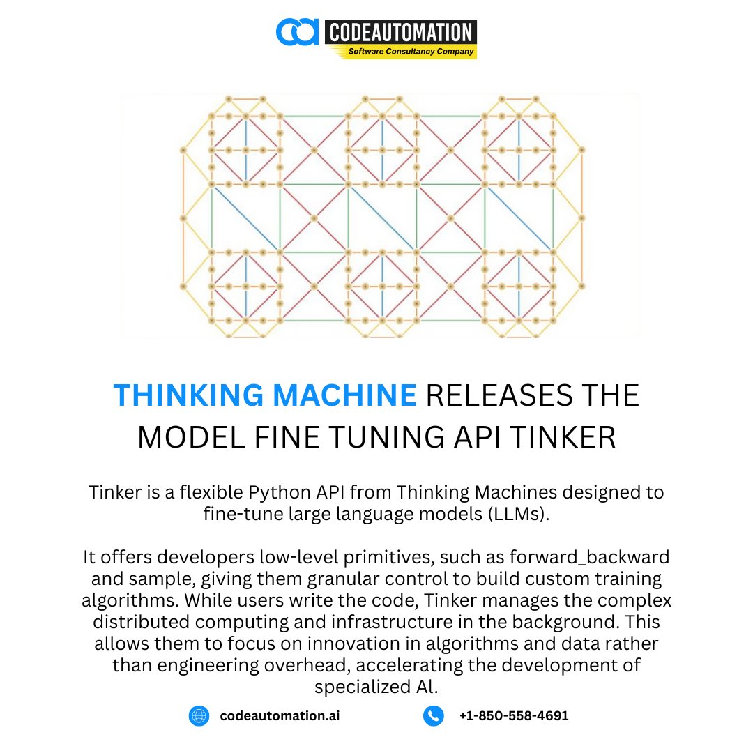 CodeAutomation's tweet image. Day 13 @CodeAutomation! Thinking Machines just launched Tinker-a simple Python API for fine-tuning LLMs. Write your code, it handles the heavy lifting like distributed GPUs and clusters. Focus on ideas, not setup. Researchers, this changes everything!
#TinkerAPI #FineTuning