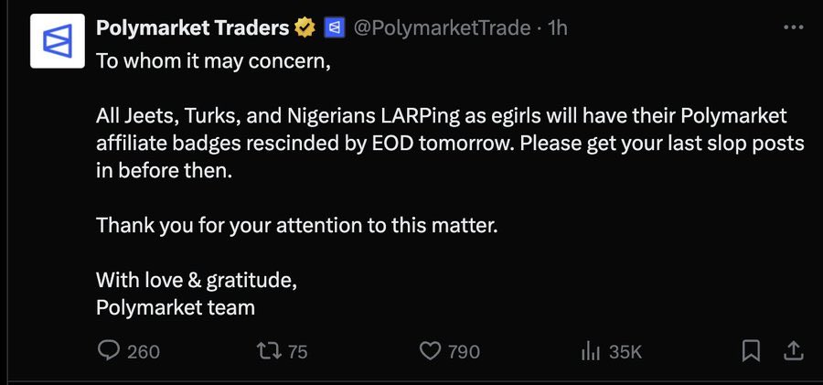 pitdesi's tweet image. A slur against Indians on an official Polymarket account