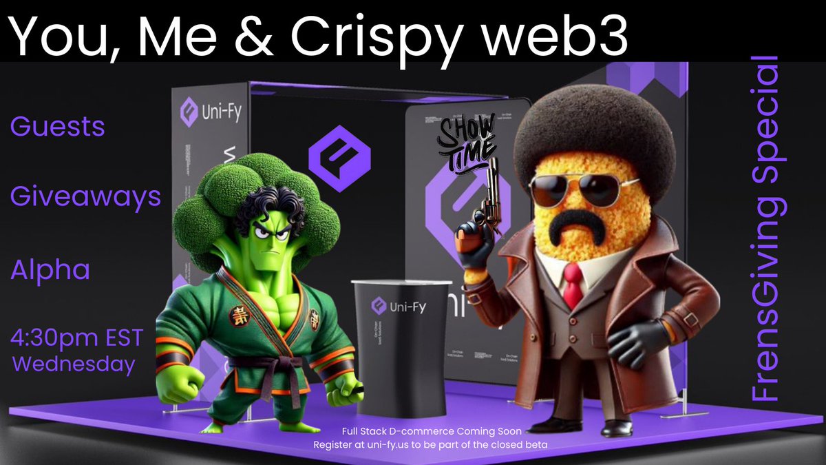 You, Me &amp; Crispy Web3: Thanks Giving Special collaboration with <a href="/CroutonJonesCJT/">Crouton Jones</a> 

Set Your Reminders: x.com/i/spaces/1eaJb…

Special Guests:
<a href="/HopOnSpaces/">Spaces on X</a> <a href="/TrenchTrials/">Trench Trials</a> <a href="/ZombabieZ_nft/">ZombabieZ NFT</a> <a href="/LunardollzNft/">✨The LunarVerse ☄️</a> <a href="/XGinsu/">Ginsu</a> <a href="/RJCTD_Clubhouse/">The Rejects</a> <a href="/KollectAgency/">Kollect Agency</a> <a href="/BoonHQ_/">Boon</a> <a href="/VentureMindAI/">VentureMind AI</a>