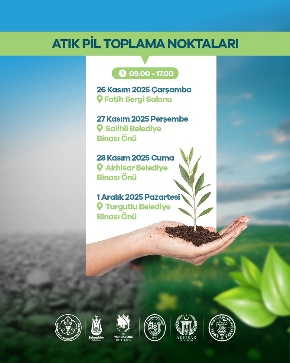 manisabsb's tweet image. ⚠️ Kullanılmış pillerin doğaya verdiği zararı biliyor musunuz? 
Tek bir küçük pil bile tonlarca toprağı kirletebilir! 🌍

Manisa Büyükşehir Belediyesi olarak çevreye duyarlı tüm vatandaşlarımızı önemli bir kampanyaya davet ediyoruz:

🌱 Manisa’nın Yeşili Seninle Filizlensin: 1…