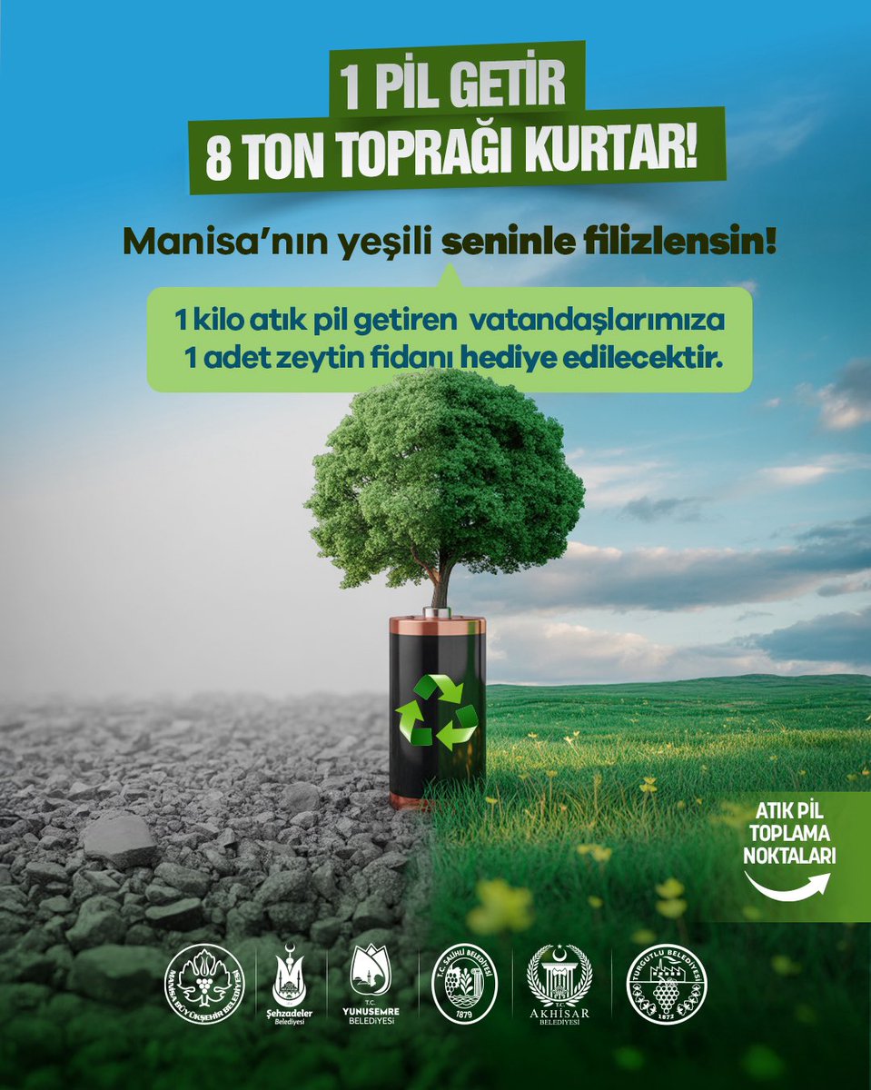 manisabsb's tweet image. ⚠️ Kullanılmış pillerin doğaya verdiği zararı biliyor musunuz? 
Tek bir küçük pil bile tonlarca toprağı kirletebilir! 🌍

Manisa Büyükşehir Belediyesi olarak çevreye duyarlı tüm vatandaşlarımızı önemli bir kampanyaya davet ediyoruz:

🌱 Manisa’nın Yeşili Seninle Filizlensin: 1…