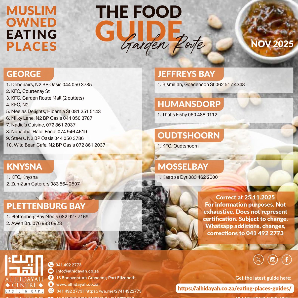 IslamicFocus's tweet image. Muslim Owned Eating Places
 
November 2025

Eastern Cape • Garden Route • Port Elizabeth

alhidayah.co.za/eating-places-…

Whatsapp edits to:
041 492 2773 | wa.me/27414922773

#food

Brought to you by:
Al Hidayah Centre
Eastern Cape
