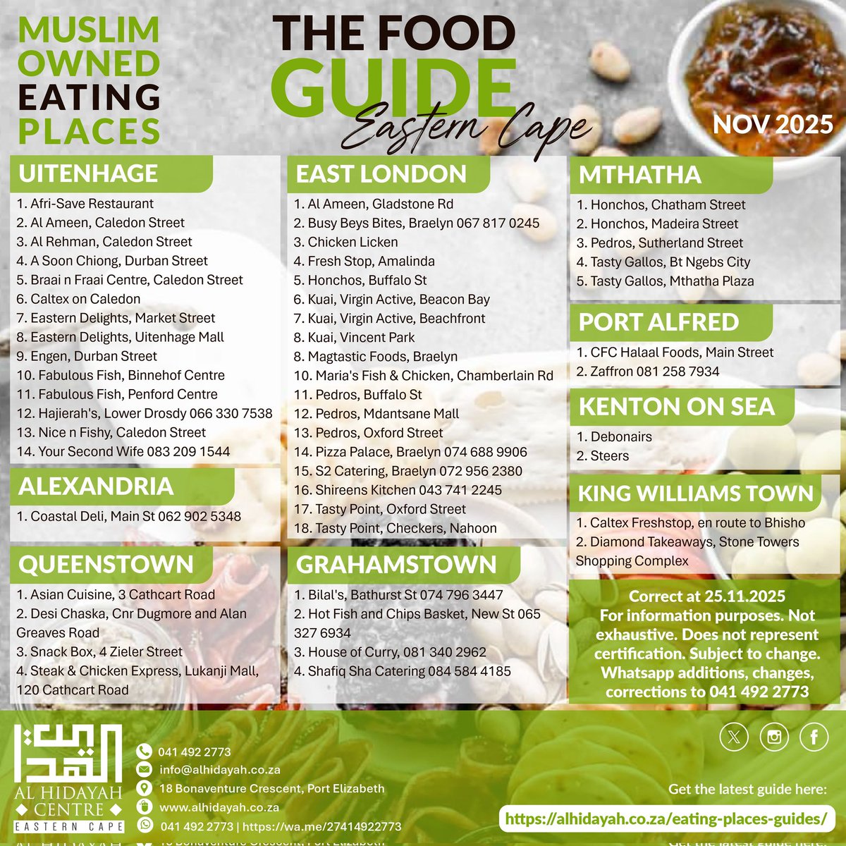 IslamicFocus's tweet image. Muslim Owned Eating Places
 
November 2025

Eastern Cape • Garden Route • Port Elizabeth

alhidayah.co.za/eating-places-…

Whatsapp edits to:
041 492 2773 | wa.me/27414922773

#food

Brought to you by:
Al Hidayah Centre
Eastern Cape